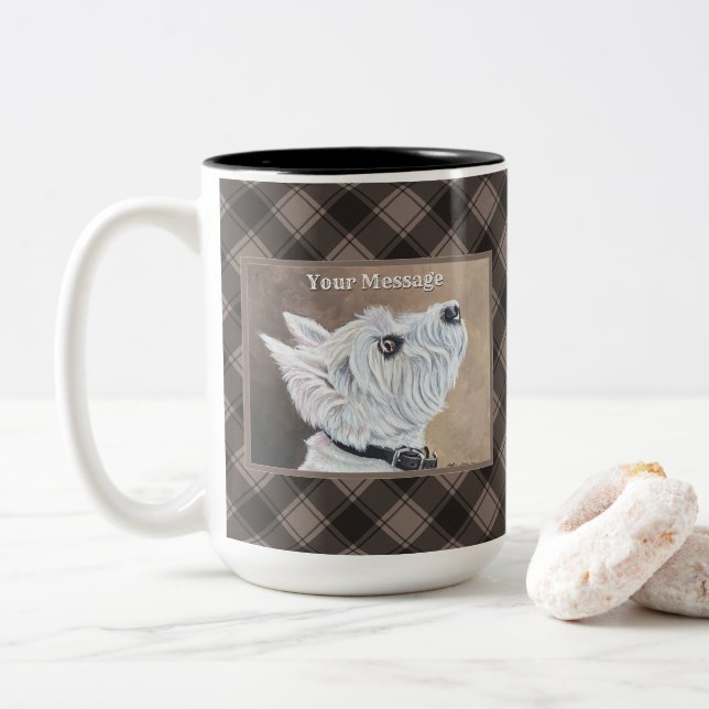 Westie Looking Up Profile B Two-Tone Coffee Mug (With Donut)