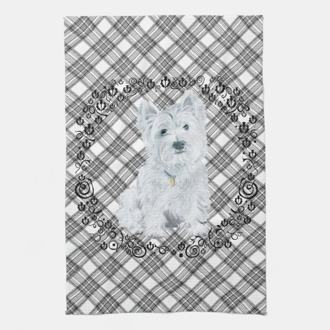 Westie on Tartan Tea Towel (Vertical)