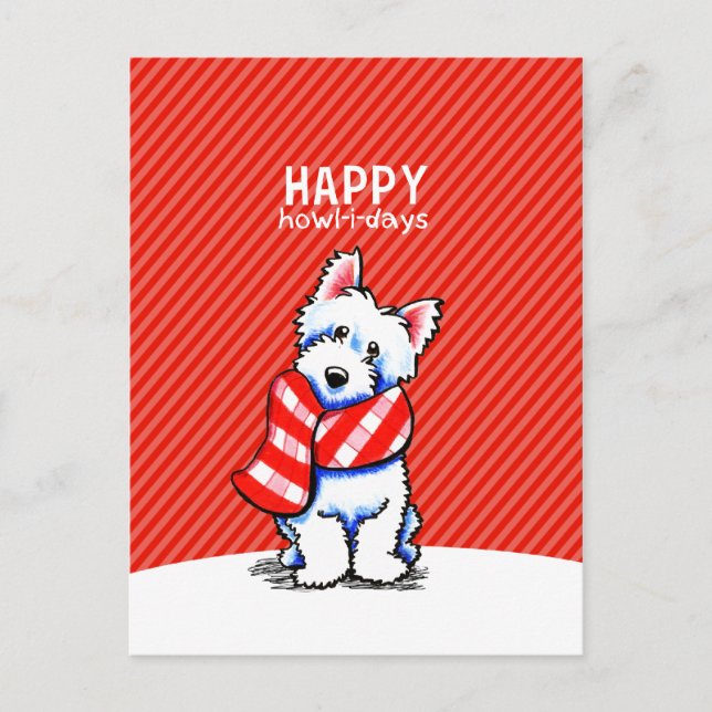 Westie Plaid Scarf Christmas Happy Howl-i-days Holiday Postcard (Front)