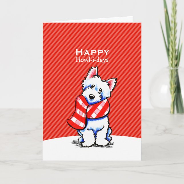 Westie Plaid Scarf Christmas Red Stripe Custom Holiday Card (Front)
