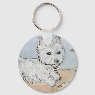 WESTIE PLAYING ON BEACH KEY RING