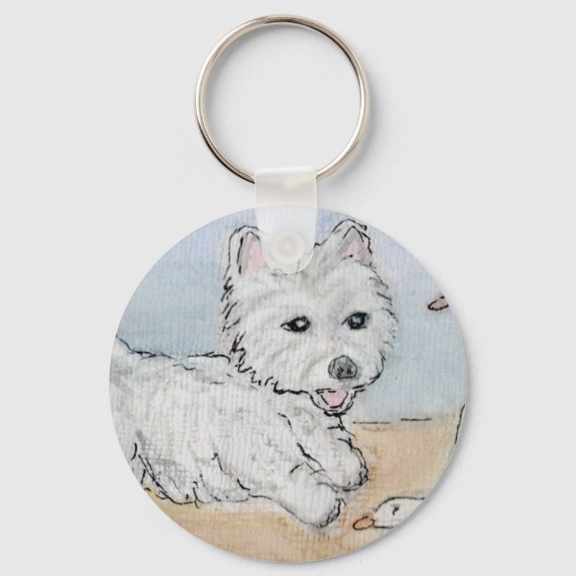 WESTIE PLAYING ON BEACH KEY RING (Front)