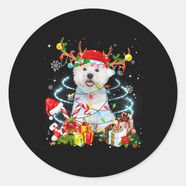 Westie Reindeer Christmas Tree Lights Pajama Dog X Classic Round Sticker (Front)