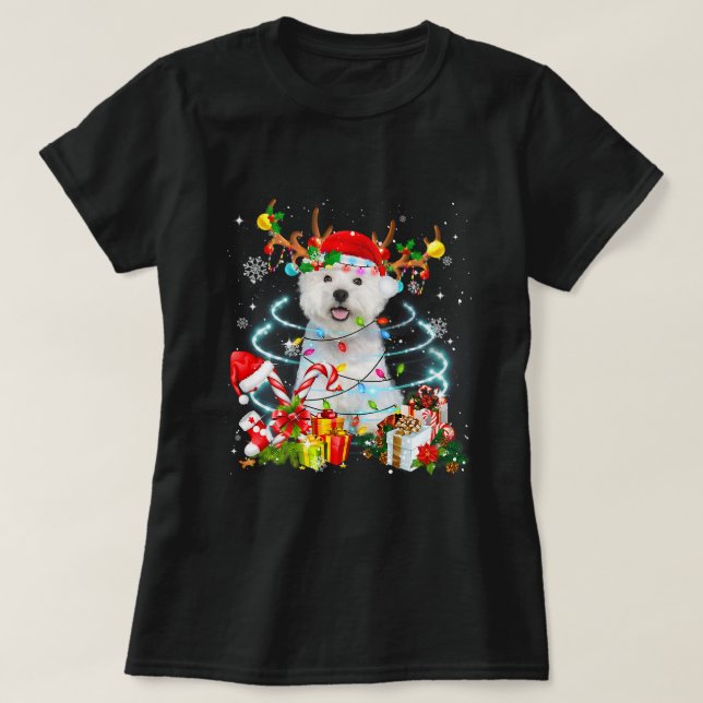 Westie Reindeer Christmas Tree Lights Pajama Dog X T-Shirt (Design Front)