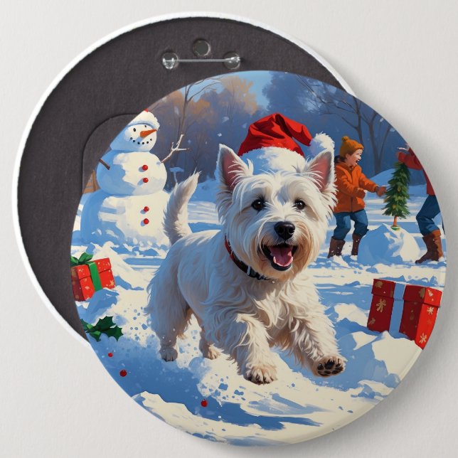 Westie Running in Snow with Christmas Hat 6 Cm Round Badge (Front & Back)