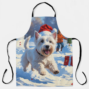 Westie Running in Snow with Christmas Hat Apron
