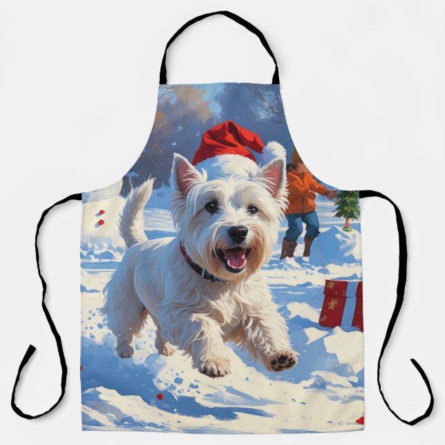 Westie Running in Snow with Christmas Hat Apron (Front)