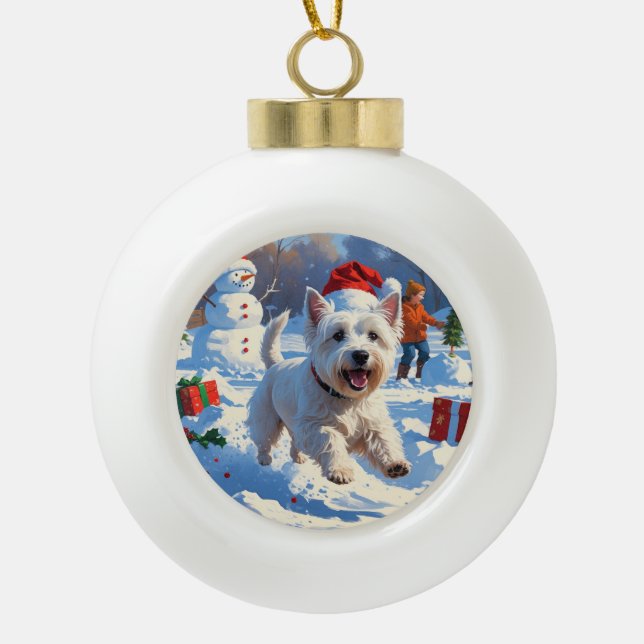 Westie Running in Snow with Christmas Hat Ceramic Ball Christmas Ornament (Front)