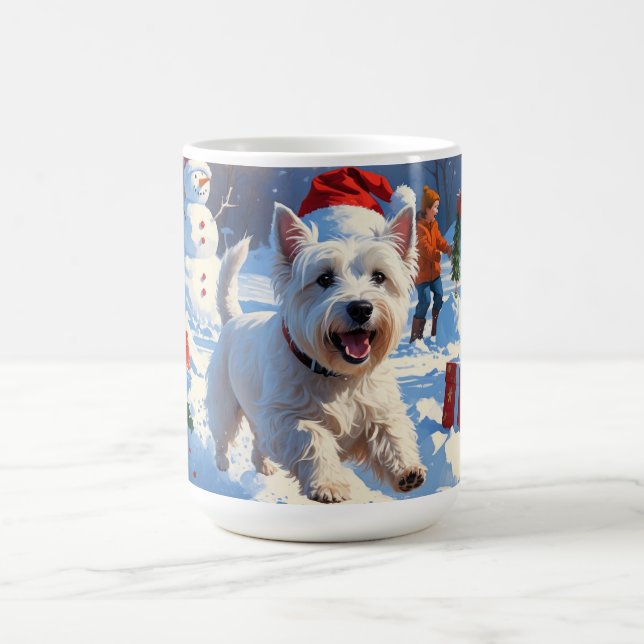 Westie Running in Snow with Christmas Hat Coffee Mug (Center)