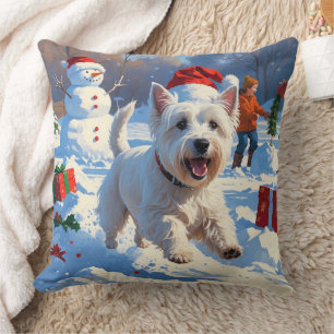 Westie Running in Snow with Christmas Hat Cushion