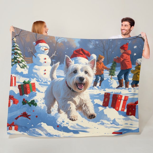 Westie Running in Snow with Christmas Hat Fleece Blanket (In Situ)