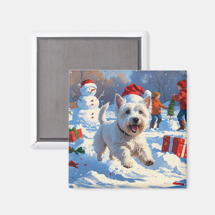 Westie Running in Snow with Christmas Hat Magnet
