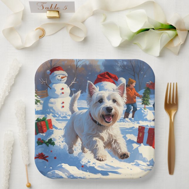 Westie Running in Snow with Christmas Hat Paper Plate (Wedding)
