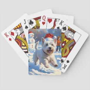 Westie Running in Snow with Christmas Hat Playing Cards