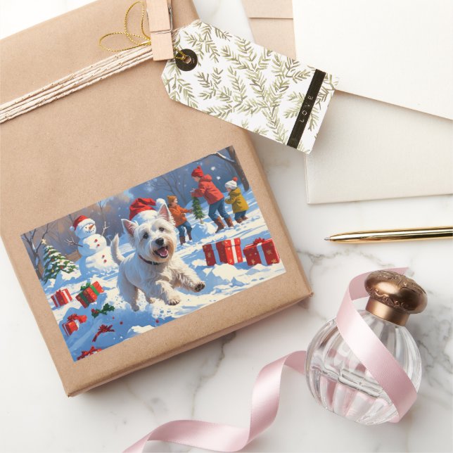 Westie Running in Snow with Christmas Hat Rectangular Sticker (Gifting)