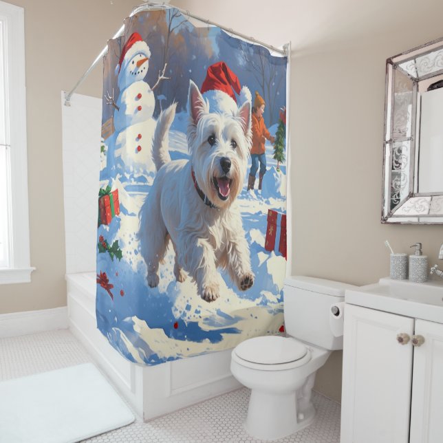 Westie Running in Snow with Christmas Hat Shower Curtain (In Situ)