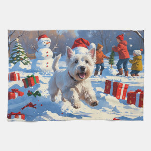 Westie Running in Snow with Christmas Hat Tea Towel