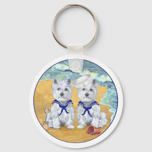 Westie Sailor Twins at the Beach Key Ring