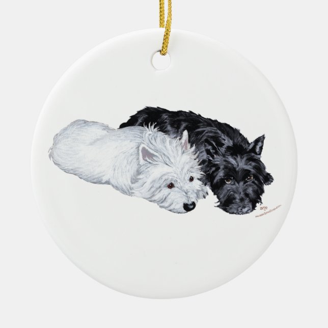 Westie & Scottie at Ease Ceramic Tree Decoration (Front)