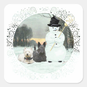 Westie & Scottie Build a Snowman Square Sticker