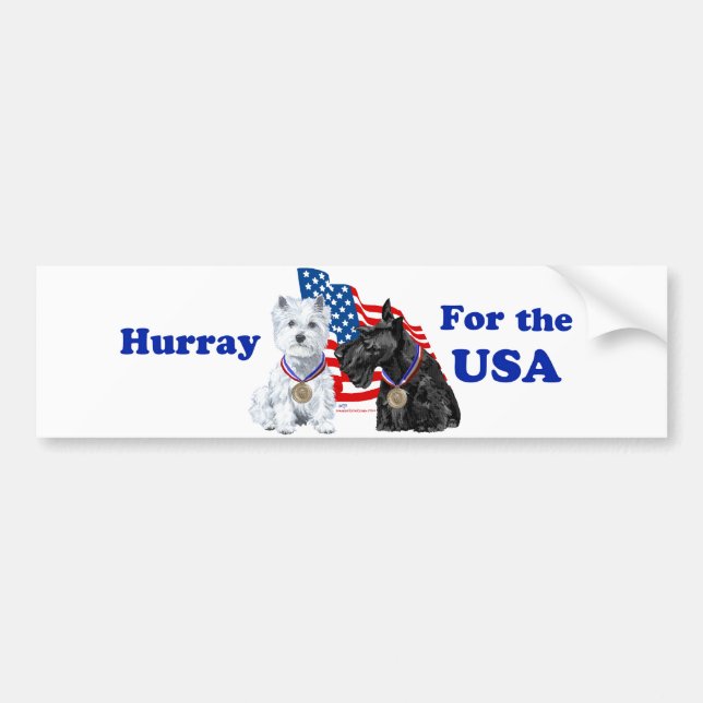 Westie & Scottie Hooray for USA Bumper Sticker (Front)