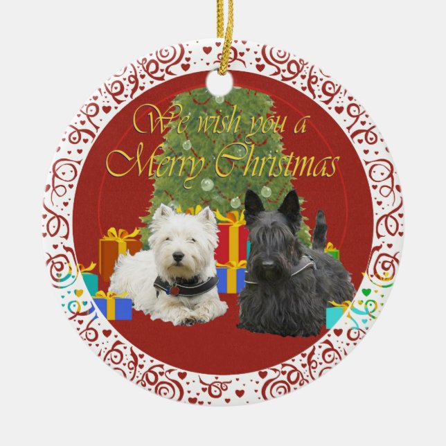 Westie & Scottie Merry Christmas Ceramic Tree Decoration (Front)