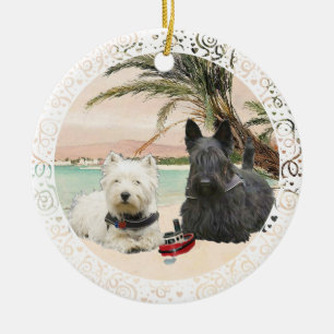 Westie & Scottie on Palmy Beach Ceramic Tree Decoration