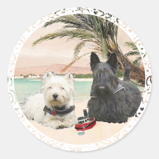 Westie & Scottie on Palmy Beach Classic Round Sticker (Front)