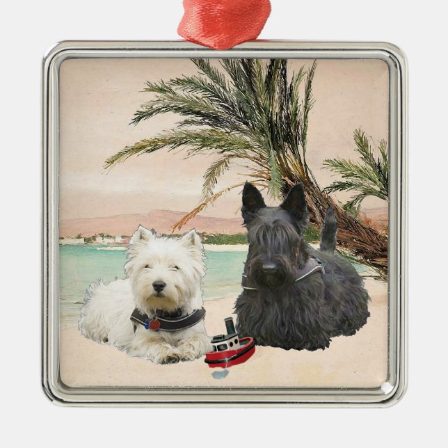 Westie & Scottie on Palmy Beach Metal Tree Decoration (Front)