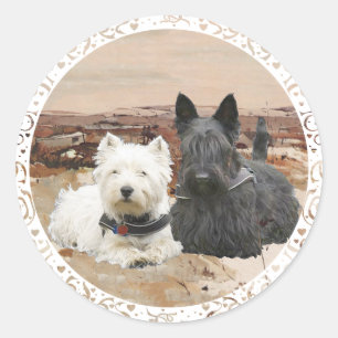 Westie & Scottie Together Autumn Classic Round Sticker
