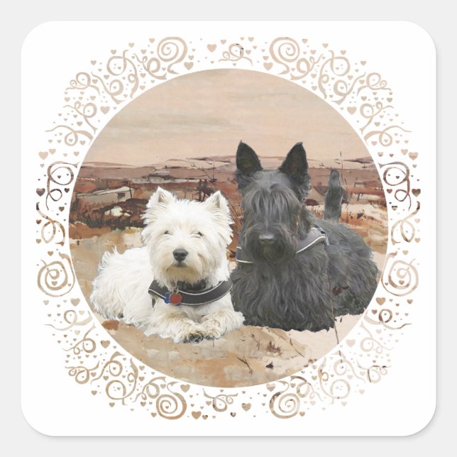 Westie & Scottie Together Autumn Square Sticker (Front)
