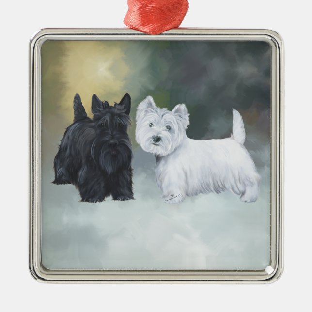 Westie Scottie Wintertime Metal Tree Decoration (Front)