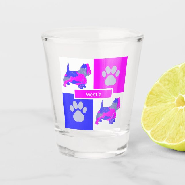 Westie Silhouette Dog & Paw Pink Blue Square Shot Glass (Front)