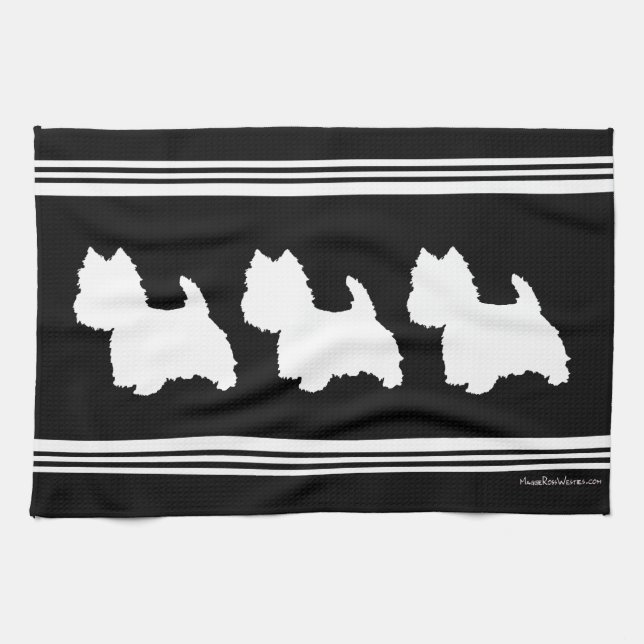 Westie Silhouette on Black Tea Towel (Horizontal)