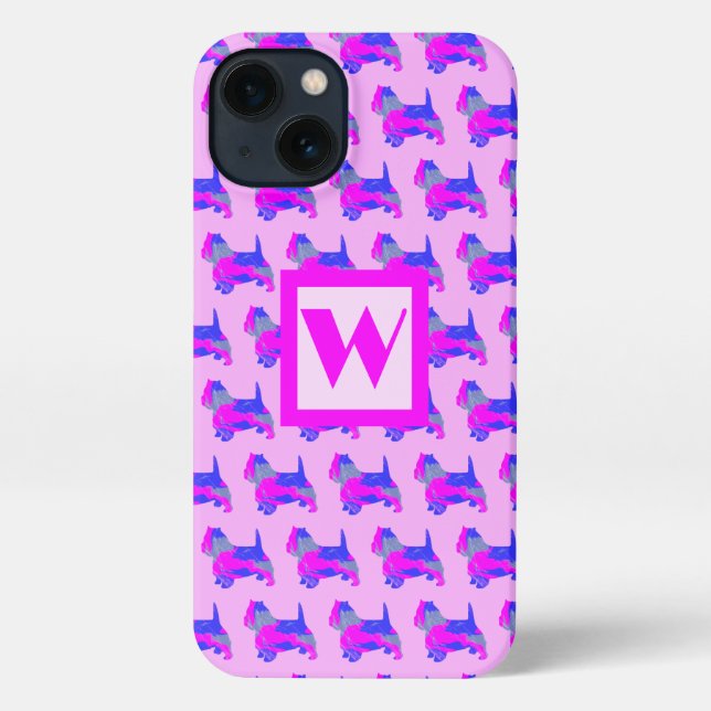 Westie Terrier Cute Dog Pink Silhouette Monogram iPhone Case (Back)