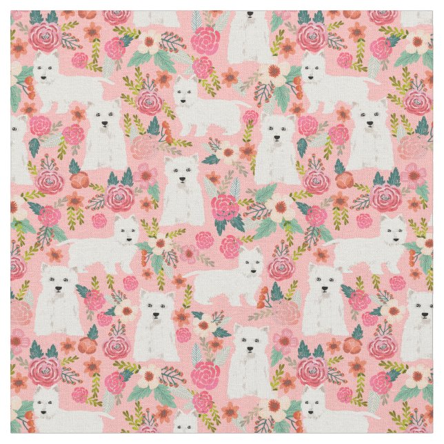 westie  vintage florals pink fabric (Close Up)