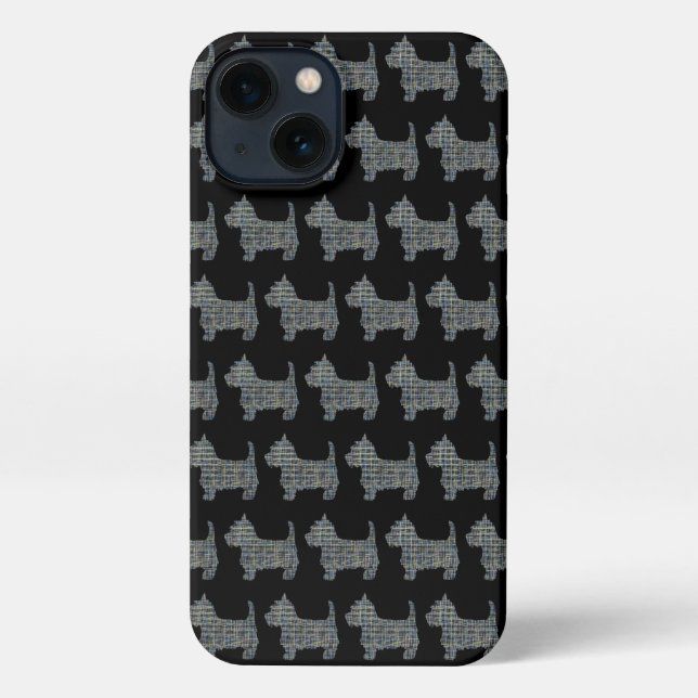 Westie White Terrier Dog Silhouette Grid Black iPhone Case (Back)