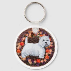 Westie With Autumn Flowers Key Ring