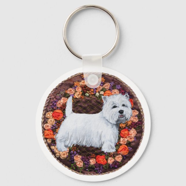 Westie With Autumn Flowers Key Ring (Front)