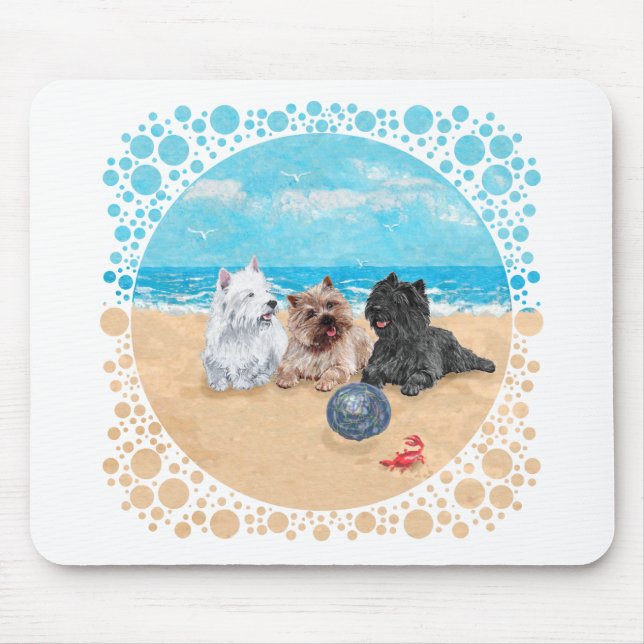 Westie with Cairn Terriers at the Beach Mouse Mat (Front)