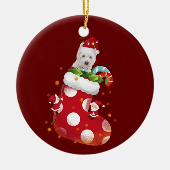 Westie With Hat Sock Christmas Ceramic Tree Decoration (Front)