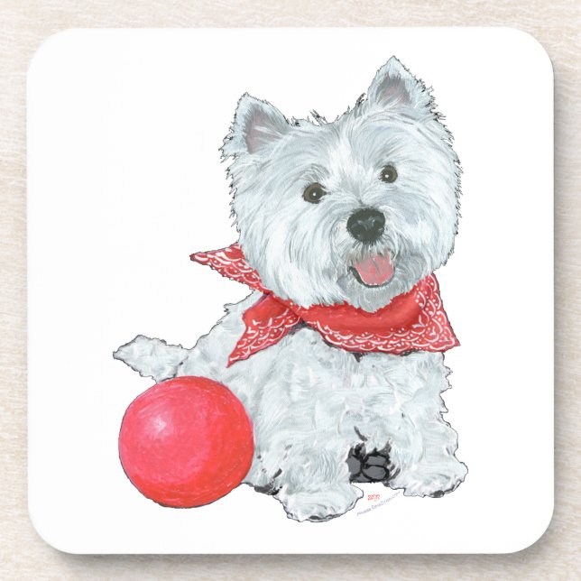 Westie With Red Ball Coaster (Front)