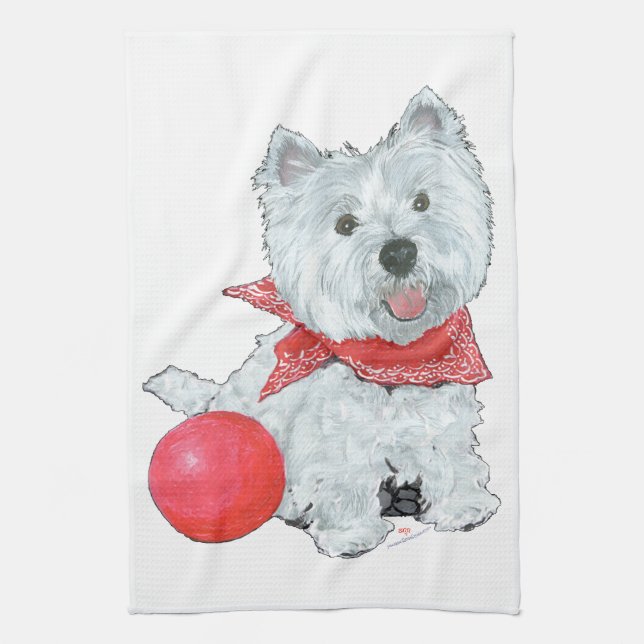 Westie With Red Ball Tea Towel (Vertical)