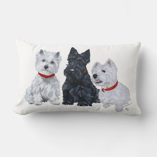 Westies and a Scottie Together Lumbar Cushion (Front)
