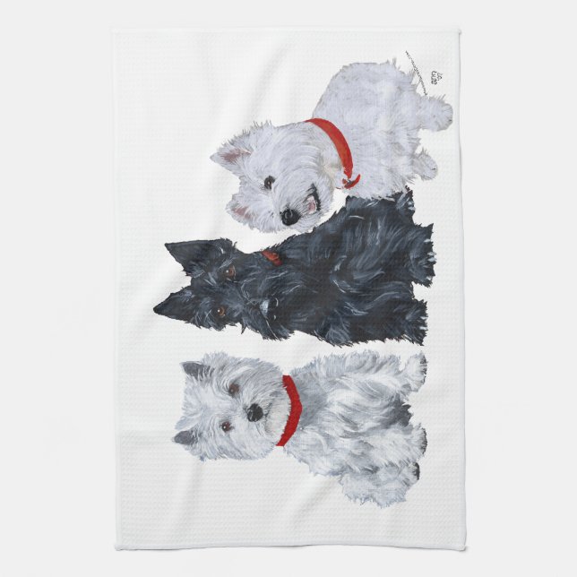 Westies and a Scottie Together Tea Towel (Vertical)