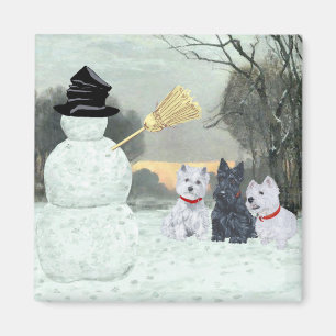 Westies and Scottie with Snowman Magnet