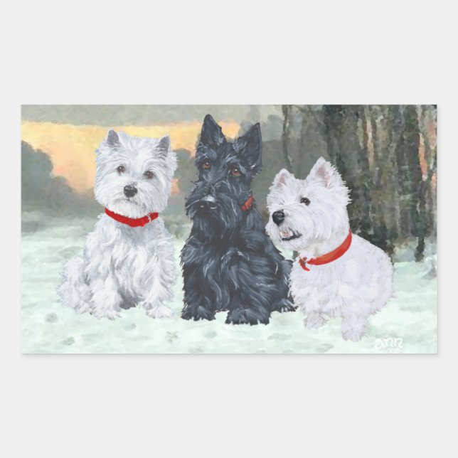 Westies and Scottie with Snowman Rectangular Sticker (Front)