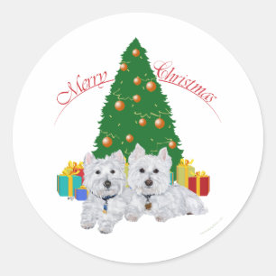 Westies by the Christmas Tree Classic Round Sticker