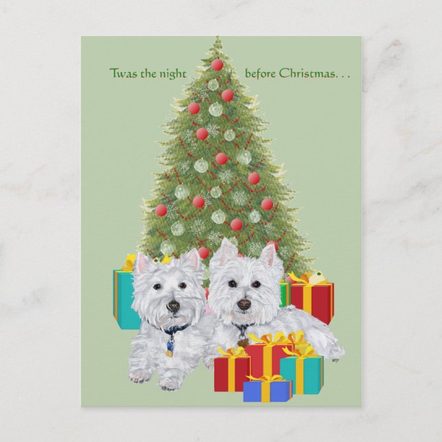 Westies by the Christmas Tree Holiday Postcard (Front)