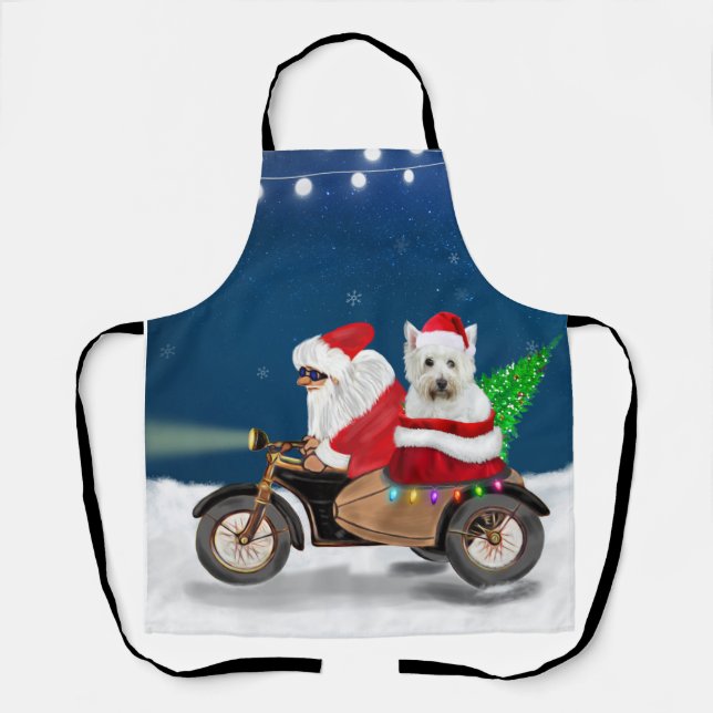 Westie's Festive Ride: Santa Claus on a Motorcycle Apron (Front)
